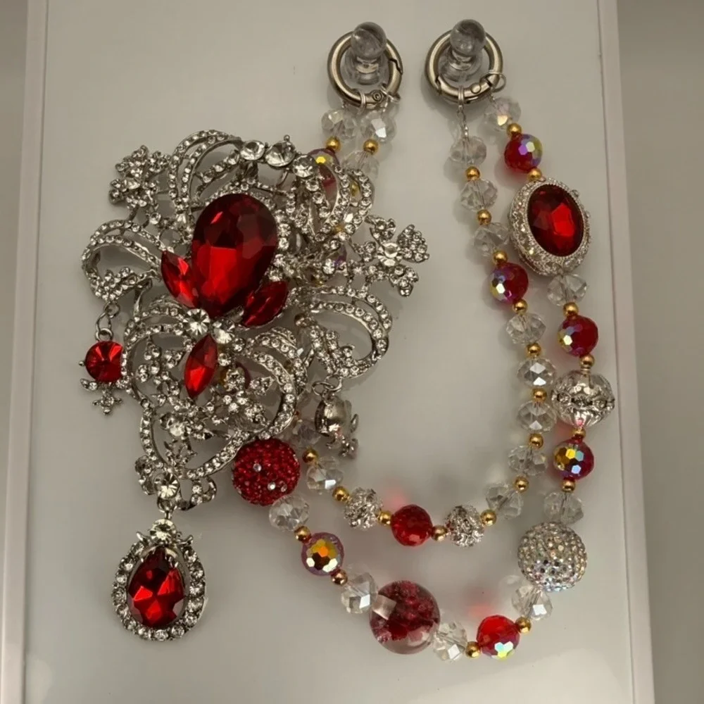 Red Silver Big Brooch Bag Charm Crystal Beaded Purse‎ Charm Rhinestone Keychain